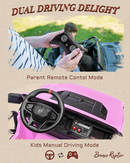 First Ride On 24V Ride on Toys for Big Kids, Licensed Ford Bronco Raptor 2 Seater Ride on Cars with Remote Control, Ride on Truck w/ 4-Wheeler Suspension, 3 Speeds, Led Lights, Bluetooth (24V, Pink) | First Ride On, 24V, for Big Kids, 2 Seater, with Remot