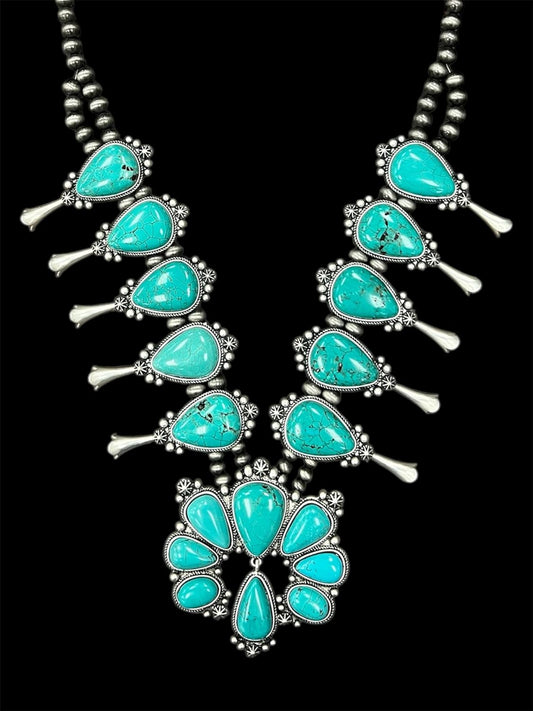 30" Handmade Full Squash Blossom Turquoise Necklace 732540