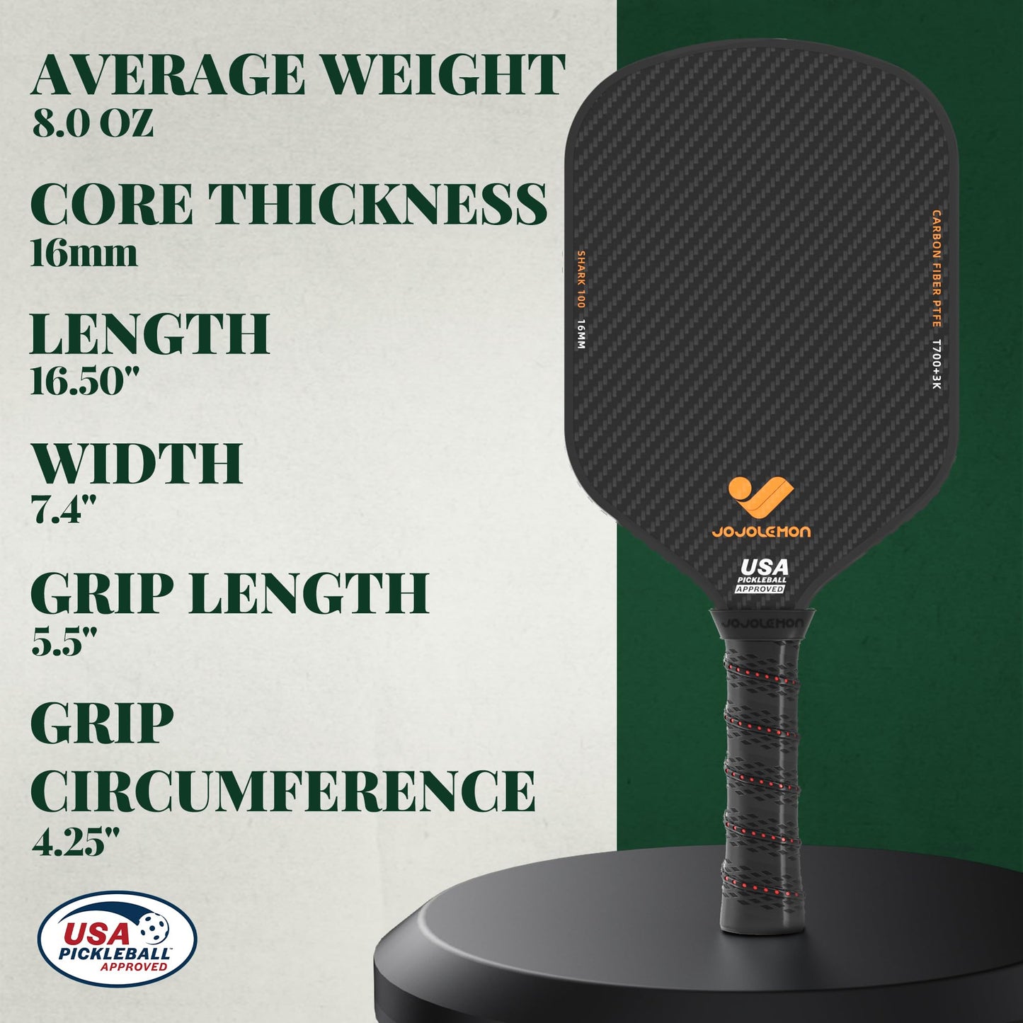JOJOLEMON Pickleball Paddles, Carbon Fiber Pickleball Paddle with a 16mm Shark Power Polymer Core, The Pickleball Rackets Designed for Ultimate Spin & Consistency