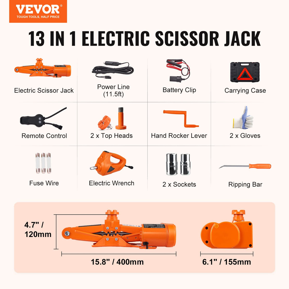 VEVOR Electric Car Jack, 5 Tons /11000 lbs, Electric Scissor Jack with Built-in Inflator, 12V Tire Change Replacement with Electric Impact Wrench & LED Light, Portable Jack kit for Sedan, SUV, Truck
