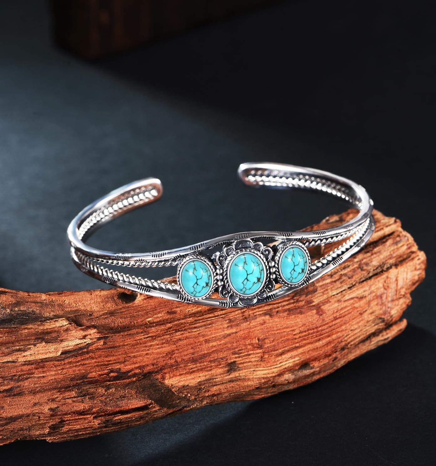 Genuine 3 Turquoise Stone Large Bracelet, Sterling Silver Boho Adjustable Bangle Cuff Native American Jewelry for Women, Fit for 6.5 7 7.5 Inches