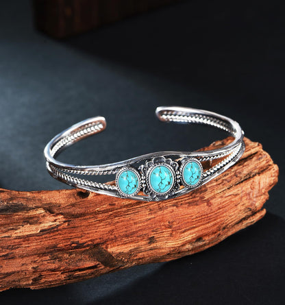 Genuine 3 Turquoise Stone Large Bracelet, Sterling Silver Boho Adjustable Bangle Cuff Native American Jewelry for Women, Fit for 6.5 7 7.5 Inches