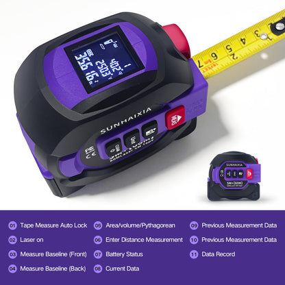 3 in 1 Digital Laser Tape Measure, 197ft/60m Laser Distance Meter, 16ft/5m Digital Tape Measure with Cross Line, AutoLock, ft/in/m Unit Switch, Measure Area, Volume, Pythagorean (Purple)