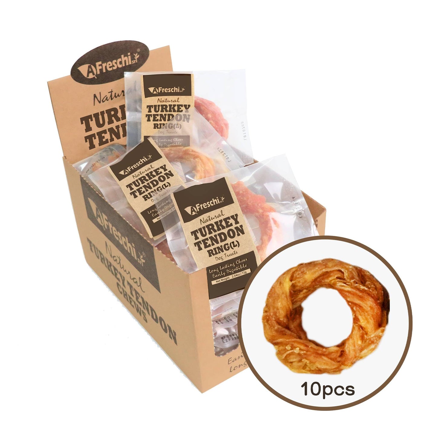 AFreschi Turkey Tendons for Dogs, USA-Sourced, Healthy Dog Treats, Rawhide-Free Puppy Chews, Long Lasting, All Natural, Hypoallergenic Dog Treats for Large Breeds, 1 Count Pack Bone (L)