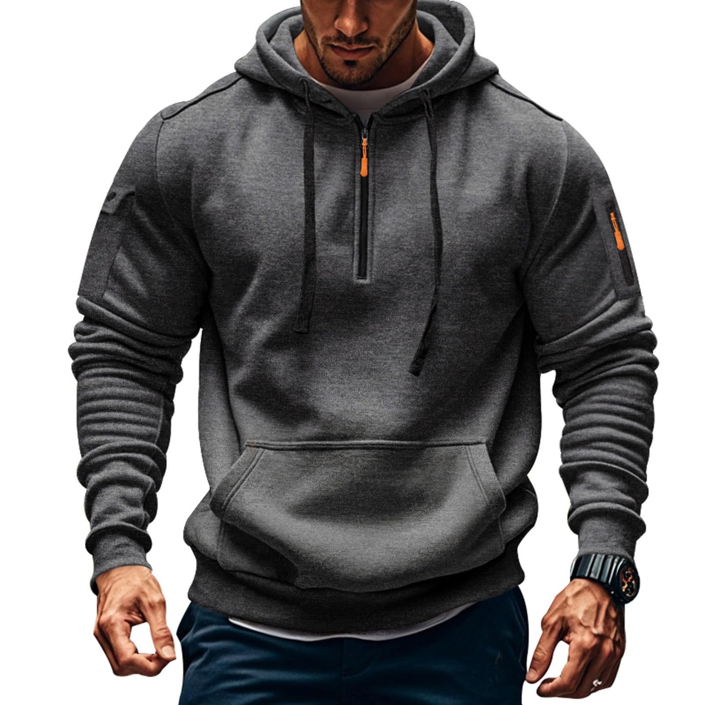 Men's Fleece Workout Athletic Pullover Hoodie Long Sleeve Basic Quarter Zip Pullover Sweatshirt with Kanga Pocket