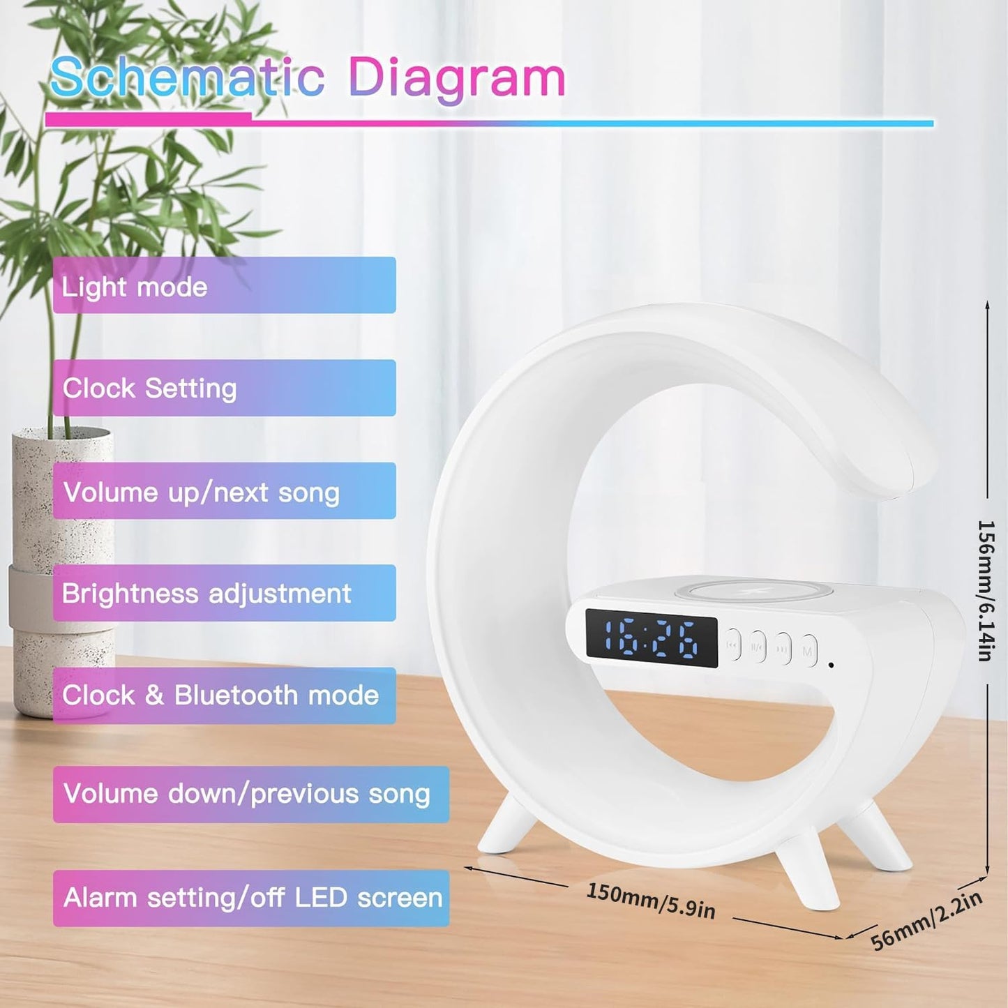 New Wireless Speaker Charger, Atmosphere Light with Wireless Charging Function, Table Lamp, Bedside Lamp with Alarm Clock & Charging Function, Bedroom Bedside Lamp, Gifts (Black)