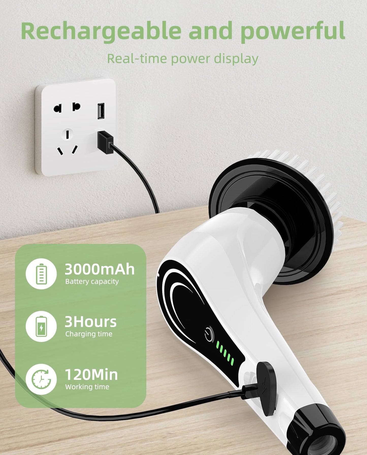 Electric Spin Scrubber, Cordless Power Scrubber with 8 Replaceable Floor Machine Pads, 2-Speed Adjustable Handle Shower Scrubber, IPX7 Waterproof for Bathroom, Tile, Tub, Teens, White-qe1