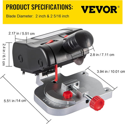 VEVOR Mini Miter Cut-off Chop Saw, 110V Two 2-5/16" Blade of Steel and Resin with 1/2inch Cutting Depth, 0-45° Benchtop Miter Saw for Copper, Aluminum, Wood, Zinc in Hobby Craft