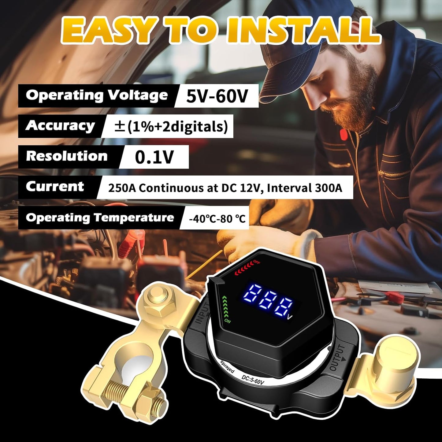 Top Post Battery Disconnect Switch with Voltmeter, DC 5-60V Master Isolator On Off Kill Switch Power Cut/Shut Off Switch for Marine Boat RV Car Truck Camper Trailer