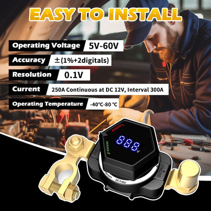 Top Post Battery Disconnect Switch with Voltmeter, DC 5-60V Master Isolator On Off Kill Switch Power Cut/Shut Off Switch for Marine Boat RV Car Truck Camper Trailer