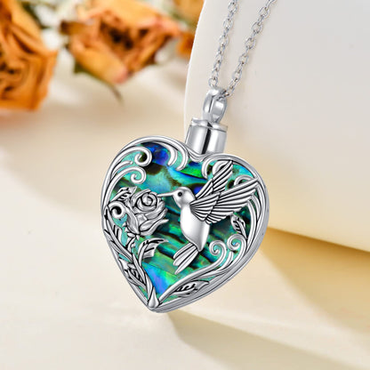TOUPOP Hummingbird Urn Necklace for Ashes 925 Sterling Silver Heart Cremation Jewelry Keepsake Pendant with Funnel Filler Memorial Christmas Gifts for Women Mom Wife
