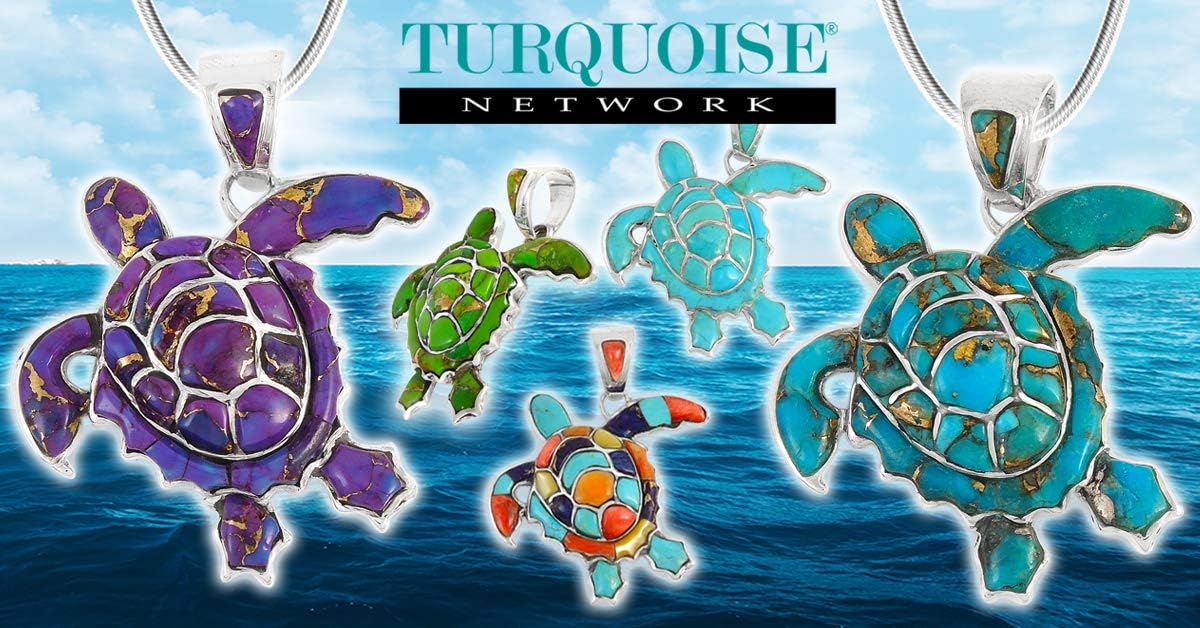 Turquoise Network Turtle Pendant Necklace in Sterling Silver 925 & Genuine Gemstones