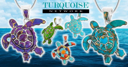 Turquoise Network Turtle Pendant Necklace in Sterling Silver 925 & Genuine Gemstones