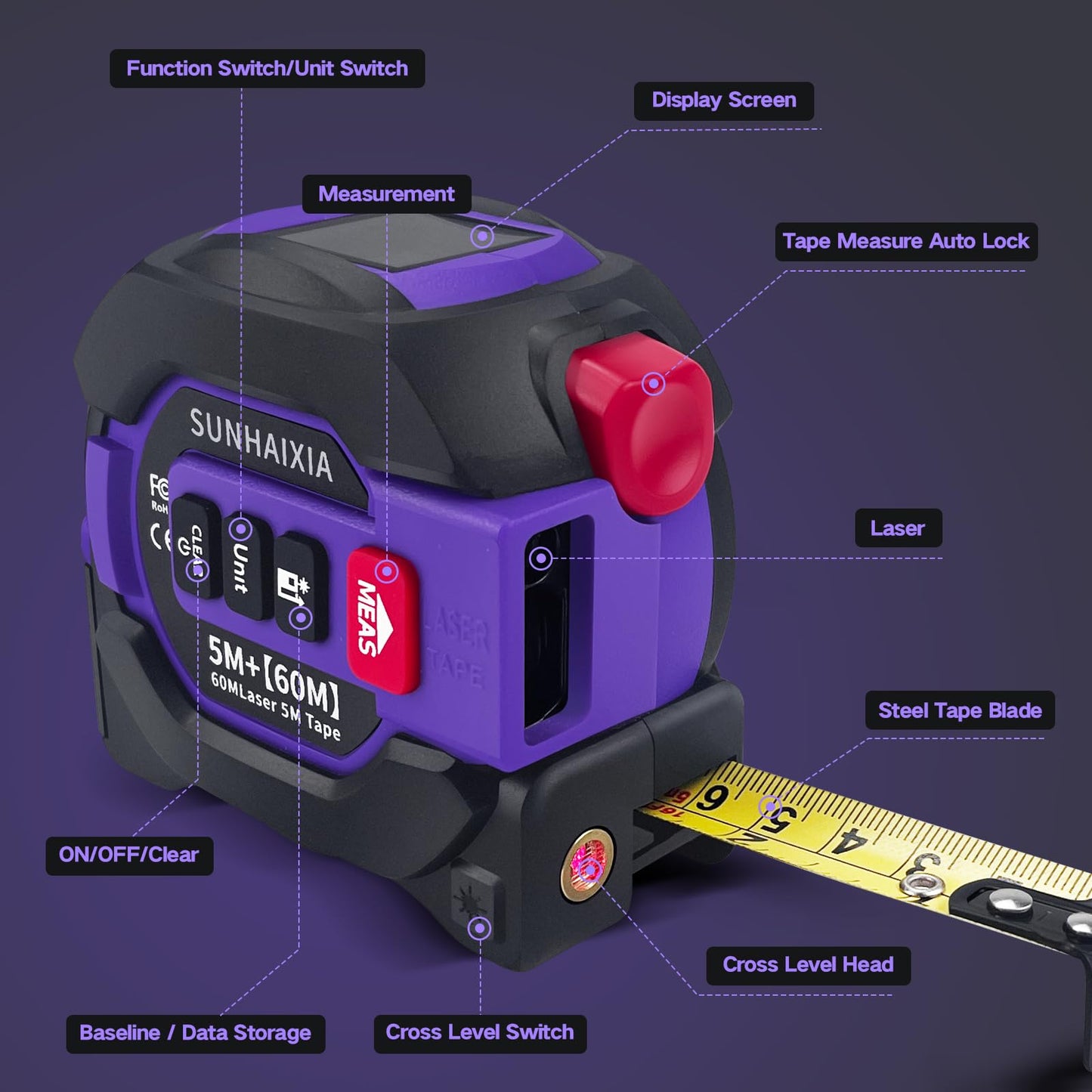 3 in 1 Digital Laser Tape Measure, 197ft/60m Laser Distance Meter, 16ft/5m Digital Tape Measure with Cross Line, AutoLock, ft/in/m Unit Switch, Measure Area, Volume, Pythagorean (Purple)