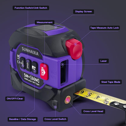 3 in 1 Digital Laser Tape Measure, 197ft/60m Laser Distance Meter, 16ft/5m Digital Tape Measure with Cross Line, AutoLock, ft/in/m Unit Switch, Measure Area, Volume, Pythagorean (Purple)