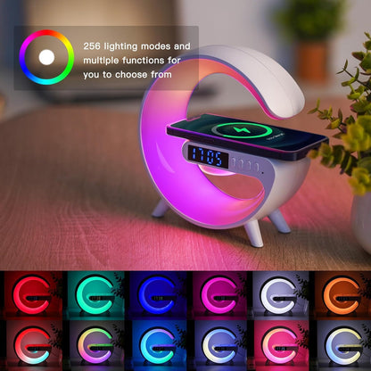 New Wireless Speaker Charger, Atmosphere Light with Wireless Charging Function, Table Lamp, Bedside Lamp with Alarm Clock & Charging Function, Bedroom Bedside Lamp, Gifts (Black)