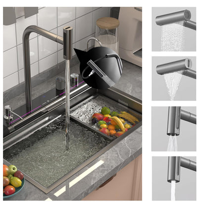 Smart Kitchen Sink 304 Stainless Steel Honeycomb Single Bowl Kitchen Sinks，Digital Display Double Waterfall Sink，With Pull-out Swivel Faucet，With Pressurized Cup Washer (31.5 x 18.1 inch)