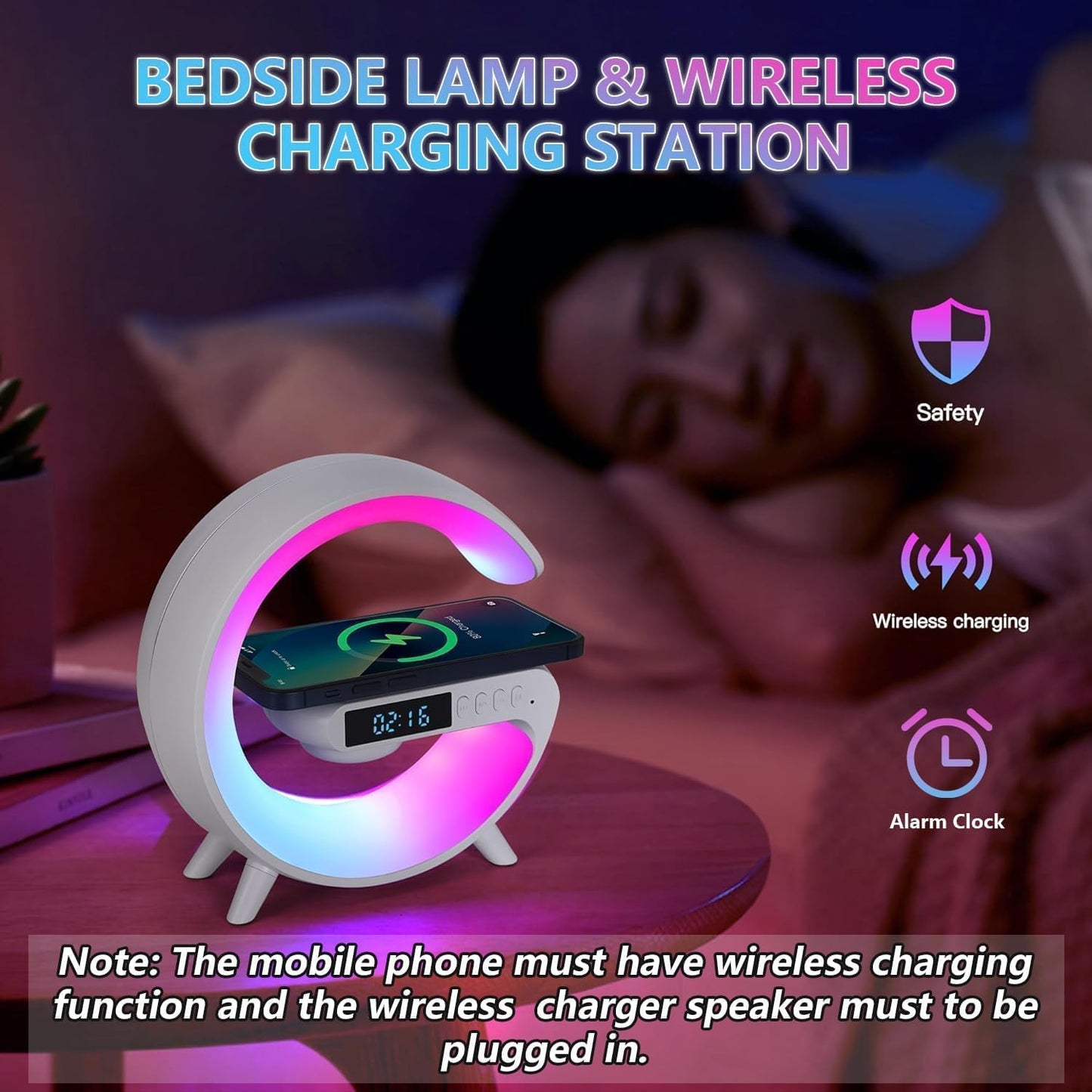 New Wireless Speaker Charger, Atmosphere Light with Wireless Charging Function, Table Lamp, Bedside Lamp with Alarm Clock & Charging Function, Bedroom Bedside Lamp, Gifts (Black)