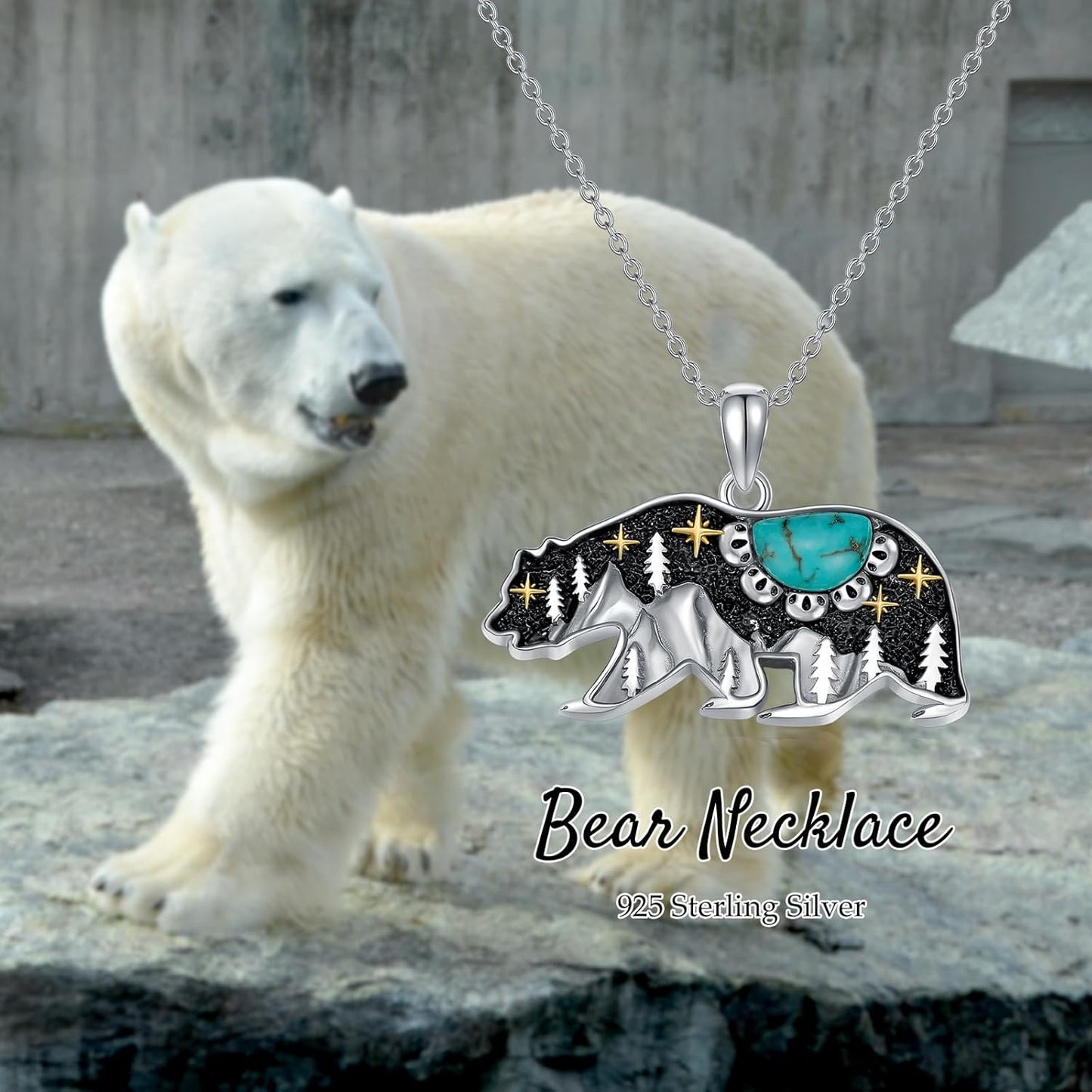 Turquoise Bear Necklace 925 Sterling Silver Genuine Blue Turquoise Vintage Nature Bear Pendant Western Jewelry Gifts for Women