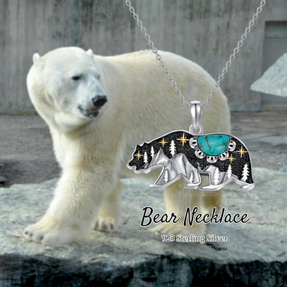 Turquoise Bear Necklace 925 Sterling Silver Genuine Blue Turquoise Vintage Nature Bear Pendant Western Jewelry Gifts for Women