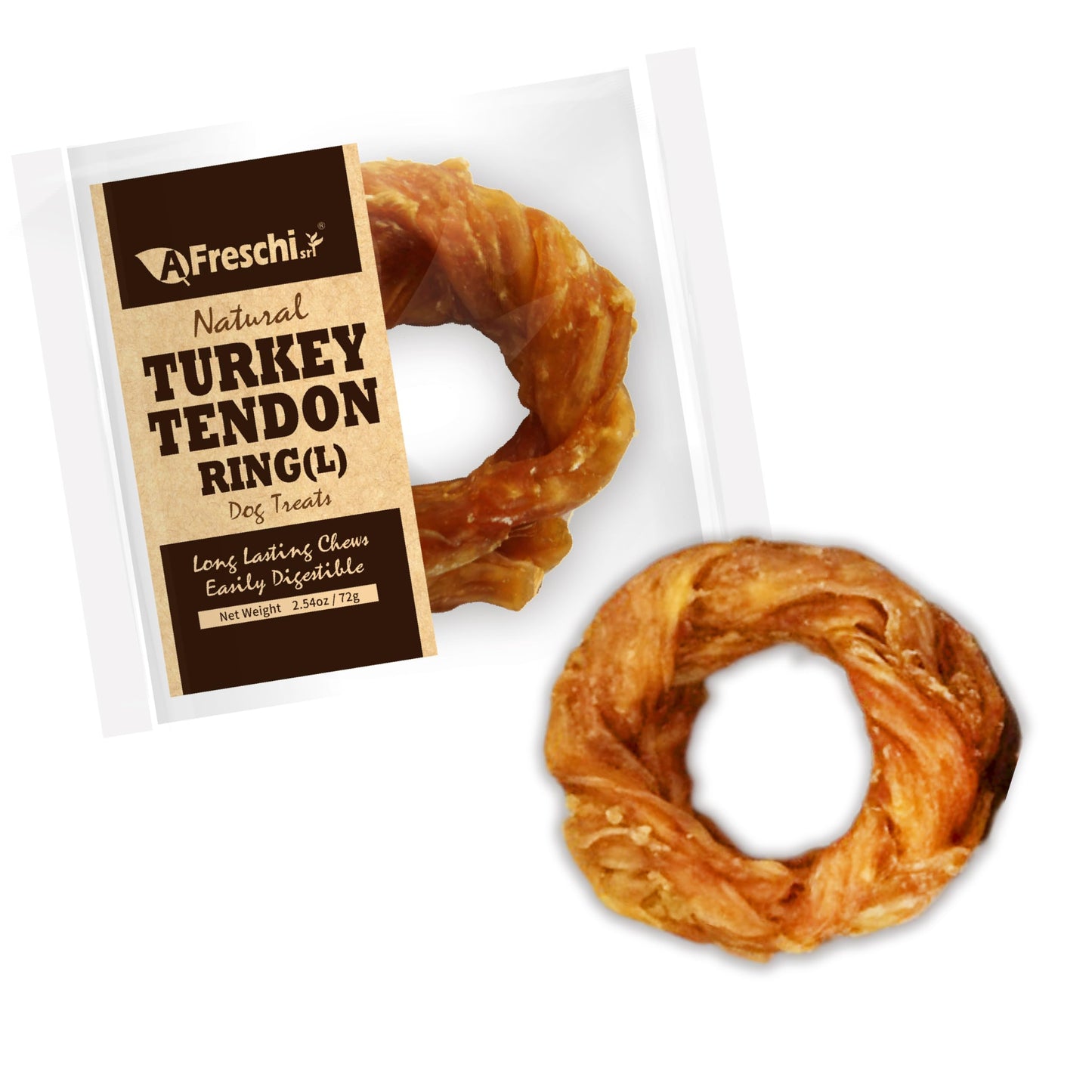 AFreschi Turkey Tendons for Dogs, USA-Sourced, Healthy Dog Treats, Rawhide-Free Puppy Chews, Long Lasting, All Natural, Hypoallergenic Dog Treats for Large Breeds, 1 Count Pack Bone (L)