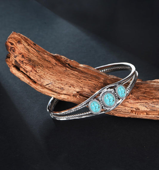 Genuine 3 Turquoise Stone Large Bracelet, Sterling Silver Boho Adjustable Bangle Cuff Native American Jewelry for Women, Fit for 6.5 7 7.5 Inches