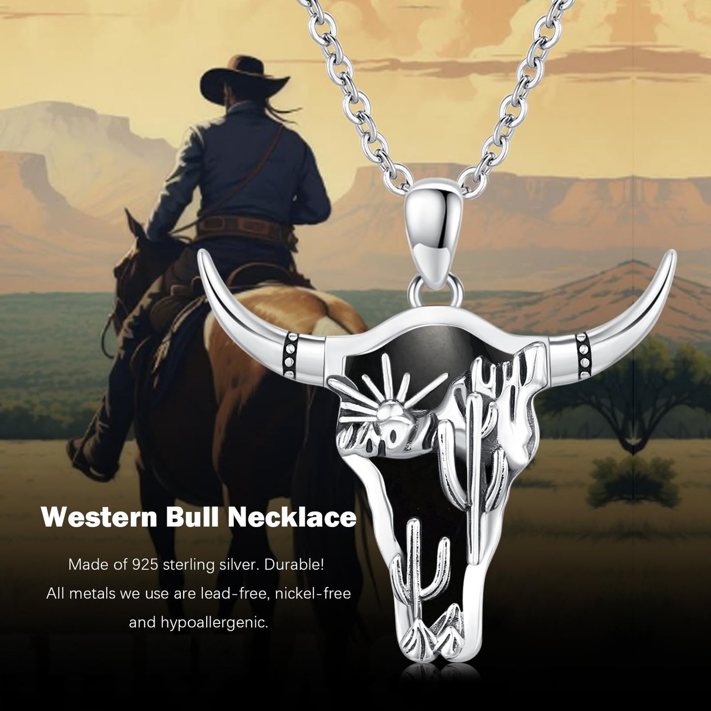 Midir&Etain Western Necklace 925 Sterling Silver Turquoise Pendant Highland Cow/Cow Skull/Hat/Tag/Cactus/Boot Cowgirl Country Jewelry for Women Men