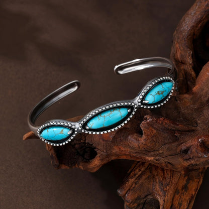 Genuine 3 Turquoise Stones Boho Bracelet, Sterling Silver Adjustable Bangle Cuff Native American Gemstones Jewelry, Fit for 6.5 7 7.5 Inches