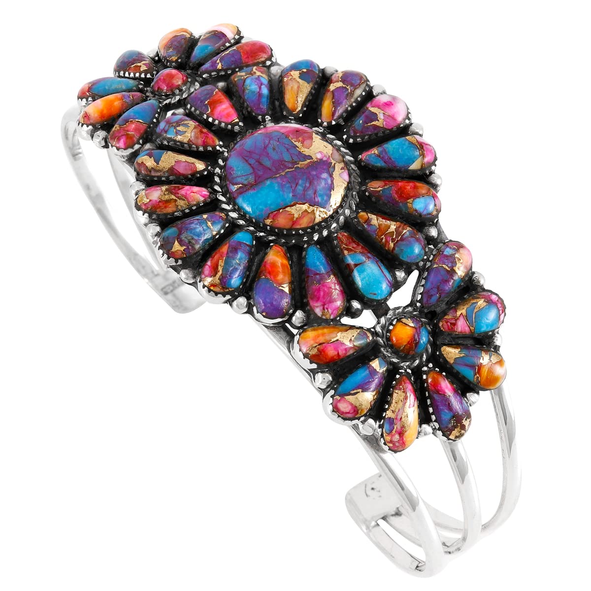 Turquoise Network Southwest Style Genuine Gemstones 925 Sterling Silver Cluster Bracelet