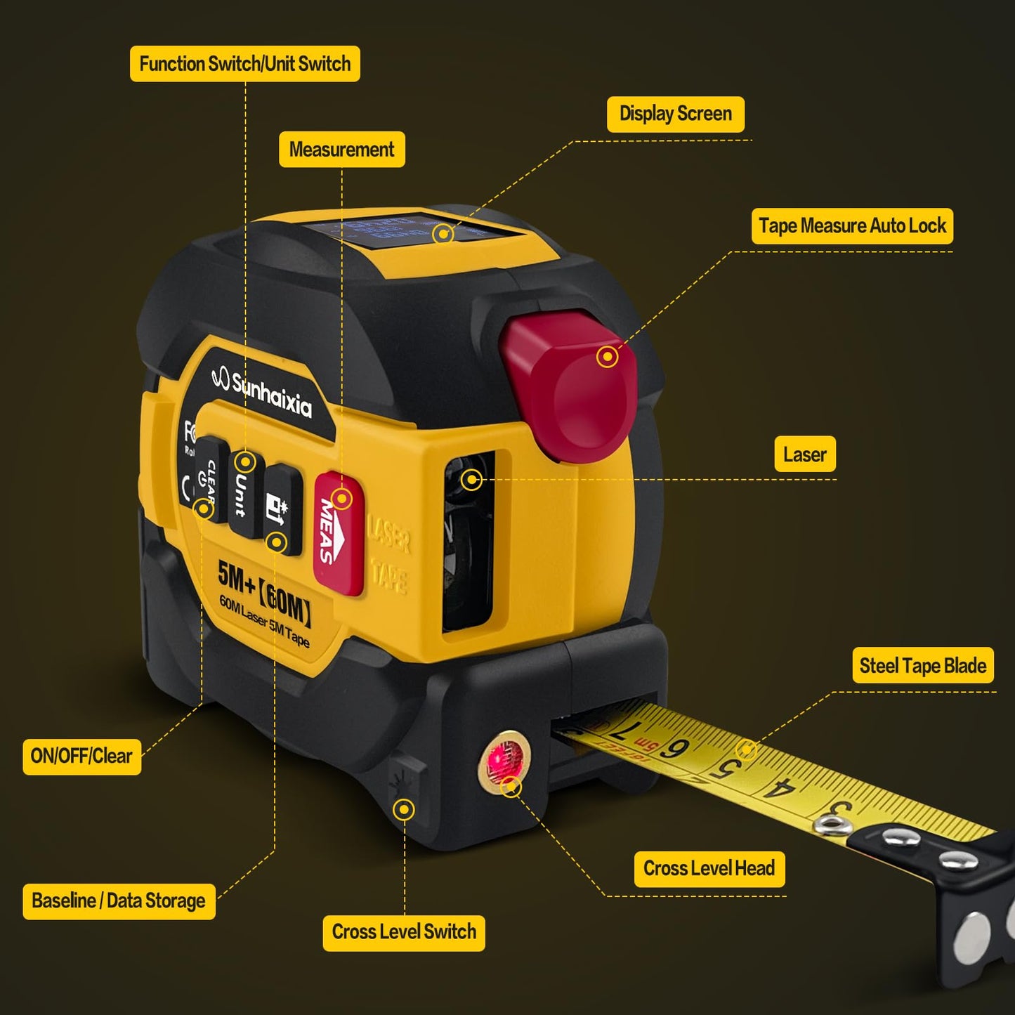 3 in 1 Digital Laser Tape Measure, 197ft/60m Laser Distance Meter, 16ft/5m Digital Tape Measure with Cross Line, AutoLock, ft/in/m Unit Switch, Measure Area, Volume, Pythagorean (Purple)