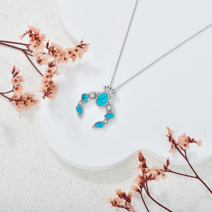 Real Turquoise Squash Blossom Necklace 925 Sterling Silver Ethnic Tribal Turquoise Gemstone Pendant Western Bohemian Jewelry Gifts for Women
