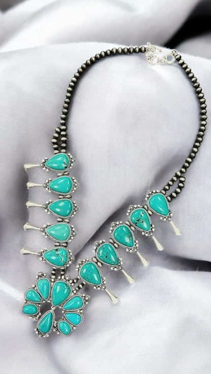 30" Handmade Full Squash Blossom Turquoise Necklace 732540