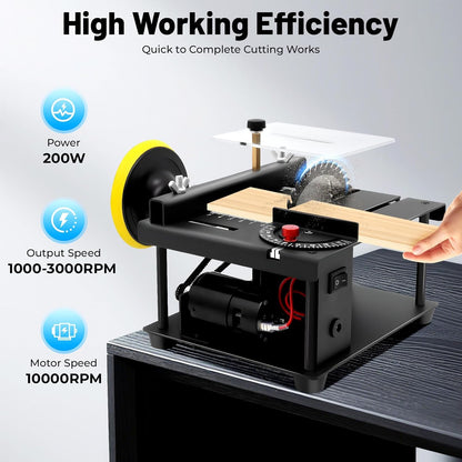 Mini Table Saw, 200w Small Table Saw for Crafts, Portable Mini Desktop Electric Saw for Cutting Grinding, Mini Multi-functional Table Saw for Wood PCB Plastic Acrylic, Speed & Angle Adjustable