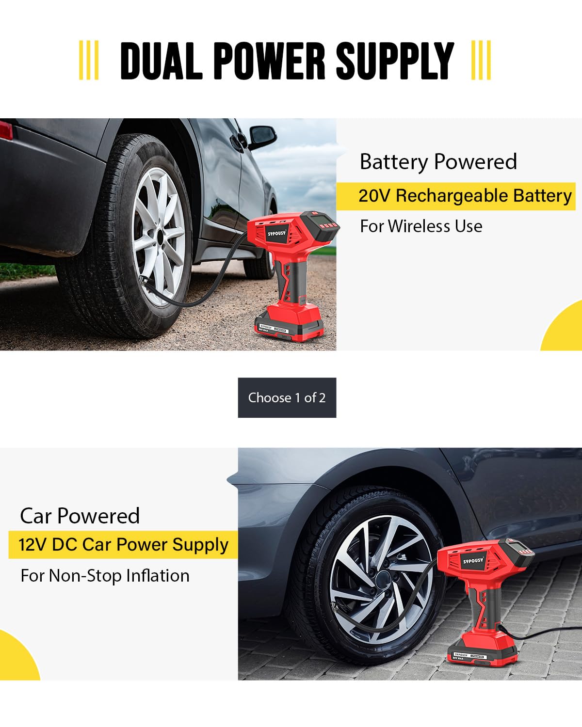 Upgraded Tire Inflator Portable Air Compressor, 160PSI Cordless Air Pump with 20V Rechargeable Battery, 2X Faster Inflation, Digital Pressure Gauge for Car, Motorcycle, E-Bike & Balls (Yellow)