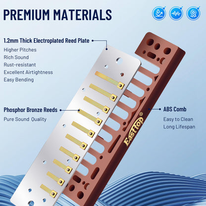 East top Harmonica Key of C, 10 Holes 008K Diatonic Mouth Organ with Blue Case, Standard Harmonica For Adults, Professionals, Beginners and Students, as a Gift