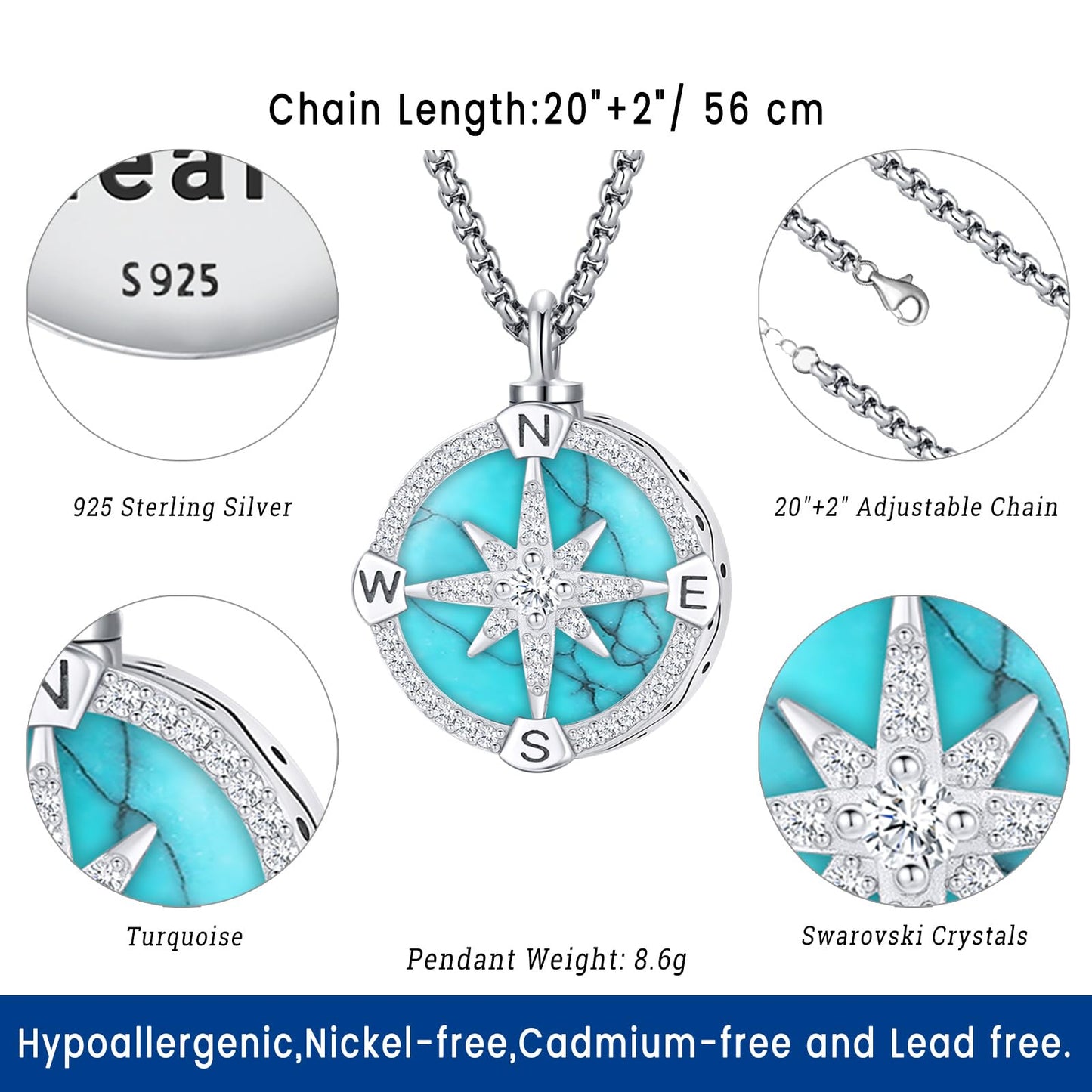 Turquoise Jewelry for Women Men 925 Sterling Silver Pendant Urn Necklaces for Ashes Picture Locket Necklace Thor Hammer Yggdrasil Virgen De Guadalupe St Michael Christopher Judas Witches Knot Necklace