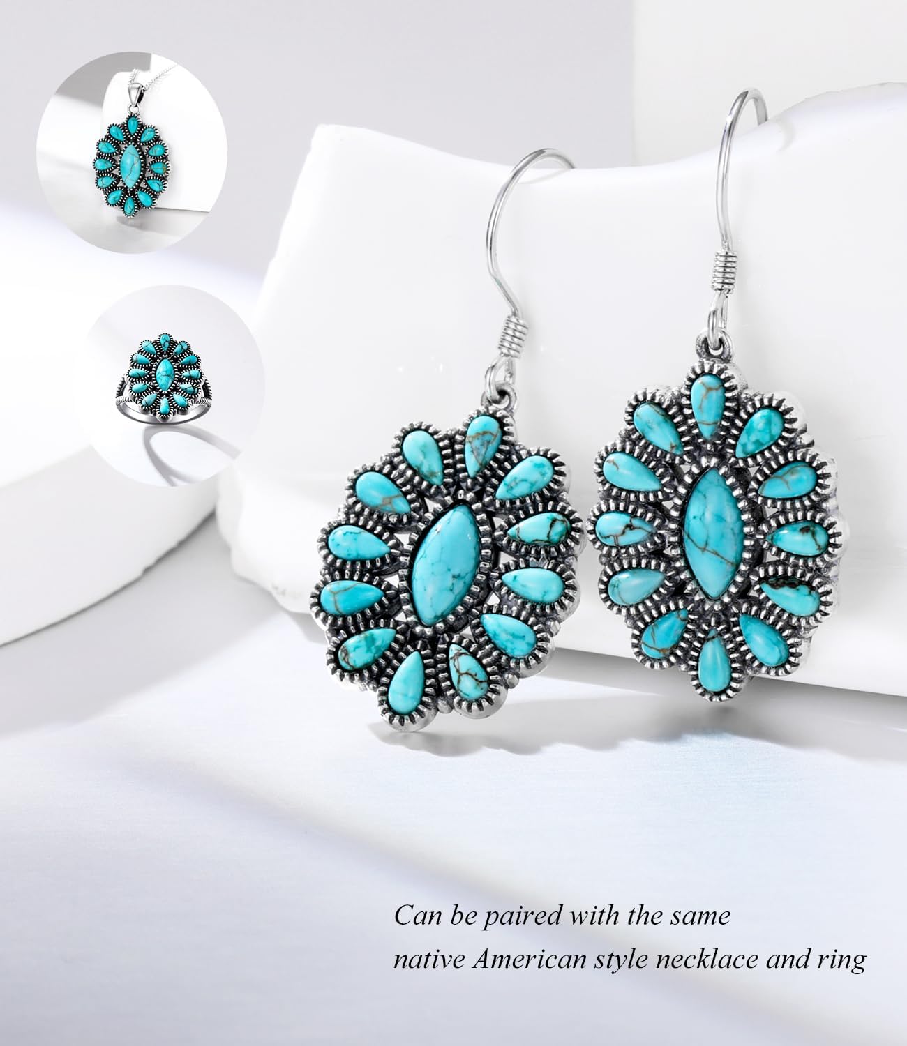 Native American Genuine Turquoise Earrings for Women 925 Sterling Silver Squash Blossom Dangle Boho Style Western Earring Jewelry for Her