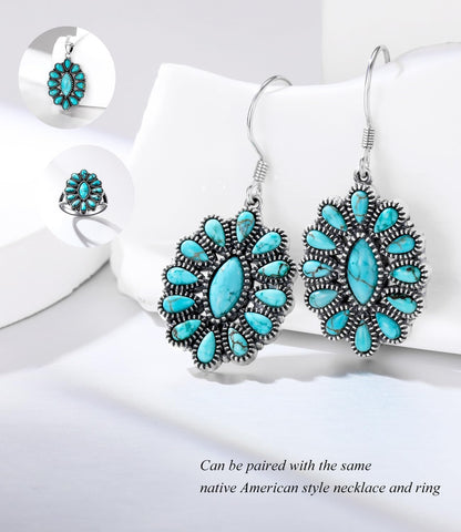 Native American Genuine Turquoise Earrings for Women 925 Sterling Silver Squash Blossom Dangle Boho Style Western Earring Jewelry for Her