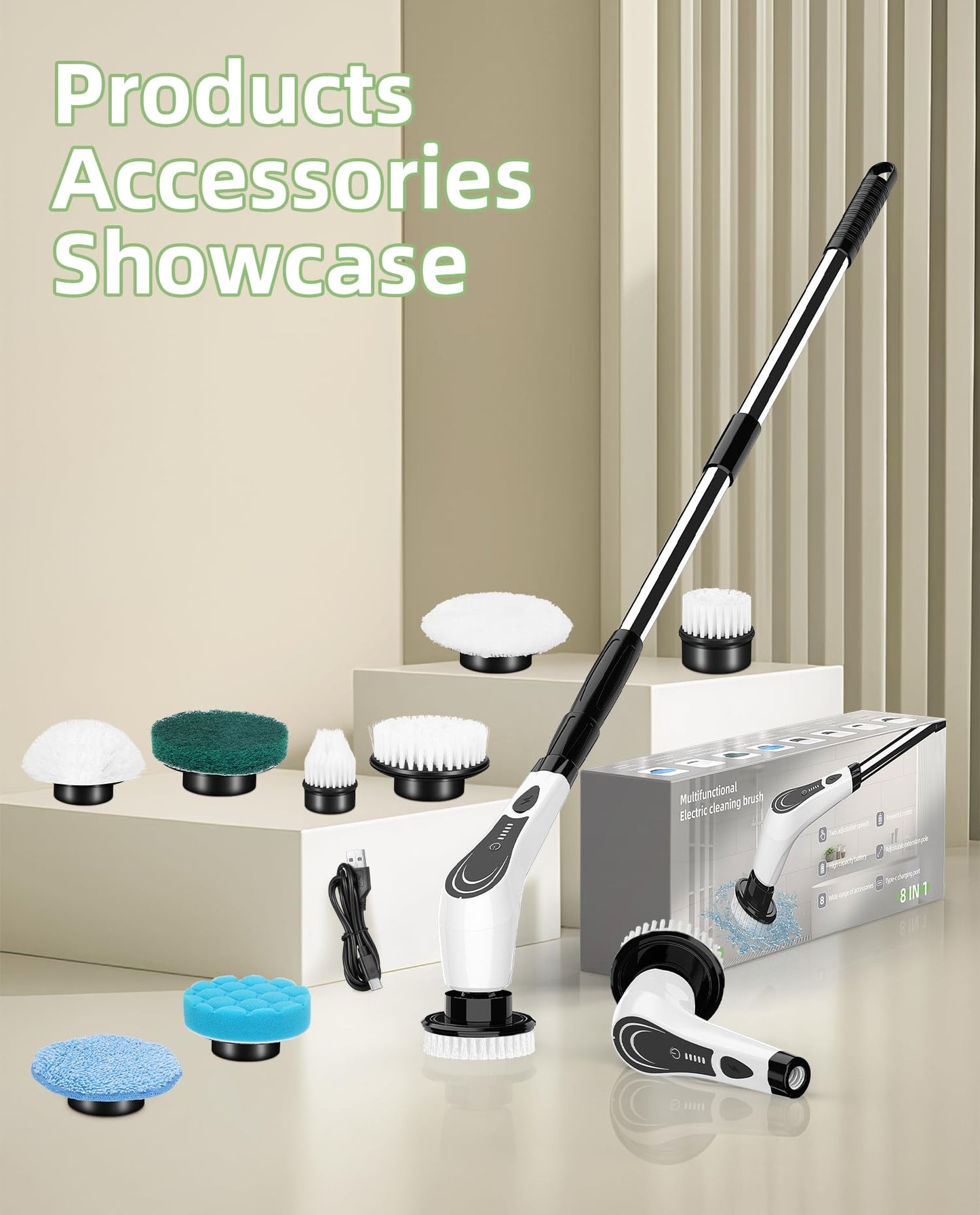 Electric Spin Scrubber, Cordless Power Scrubber with 8 Replaceable Floor Machine Pads, 2-Speed Adjustable Handle Shower Scrubber, IPX7 Waterproof for Bathroom, Tile, Tub, Teens, White-qe1