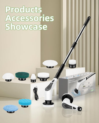 Electric Spin Scrubber, Cordless Power Scrubber with 8 Replaceable Floor Machine Pads, 2-Speed Adjustable Handle Shower Scrubber, IPX7 Waterproof for Bathroom, Tile, Tub, Teens, White-qe1