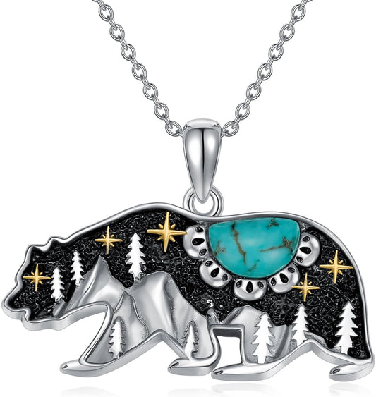 Turquoise Bear Necklace 925 Sterling Silver Genuine Blue Turquoise Vintage Nature Bear Pendant Western Jewelry Gifts for Women