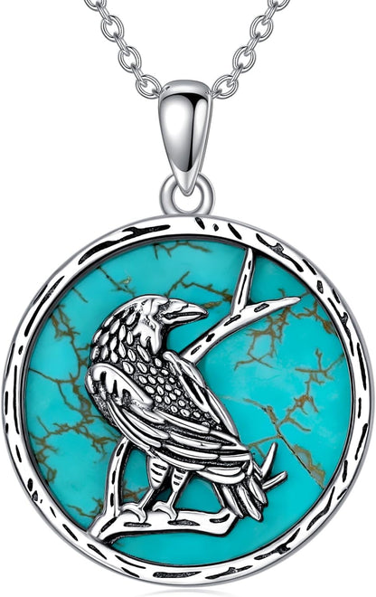 Turquoise Raven Necklace 925 Sterling Silver Real Blue Turquoise Viking Crow Pendant Western Vintage Animal Jewelry for Women