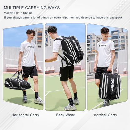 Pickleball Bag - Large Paddle Bag for 4 Paddles & Accessories - Fence Hook, Extra Pockets, Shoe Compartment