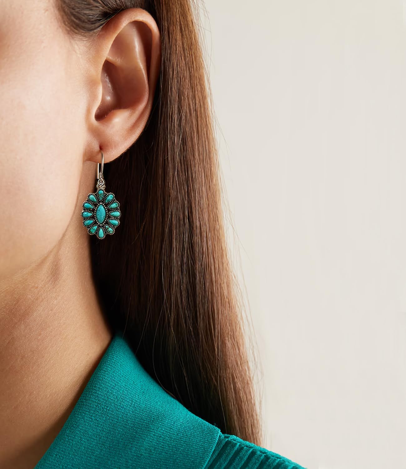 Native American Genuine Turquoise Earrings for Women 925 Sterling Silver Squash Blossom Dangle Boho Style Western Earring Jewelry for Her