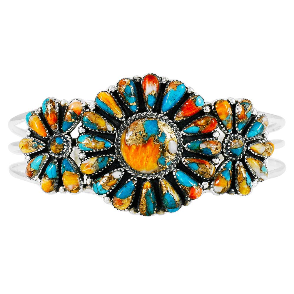 Turquoise Network Southwest Style Genuine Gemstones 925 Sterling Silver Cluster Bracelet