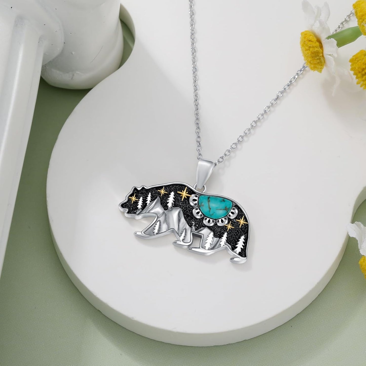 Turquoise Bear Necklace 925 Sterling Silver Genuine Blue Turquoise Vintage Nature Bear Pendant Western Jewelry Gifts for Women