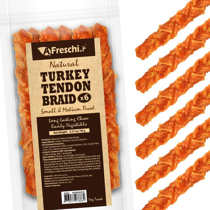 AFreschi Turkey Tendons for Dogs, USA-Sourced, Healthy Dog Treats, Rawhide-Free Puppy Chews, Long Lasting, All Natural, Hypoallergenic Dog Treats for Medium Breeds, 6 Count Pack Braid (M)