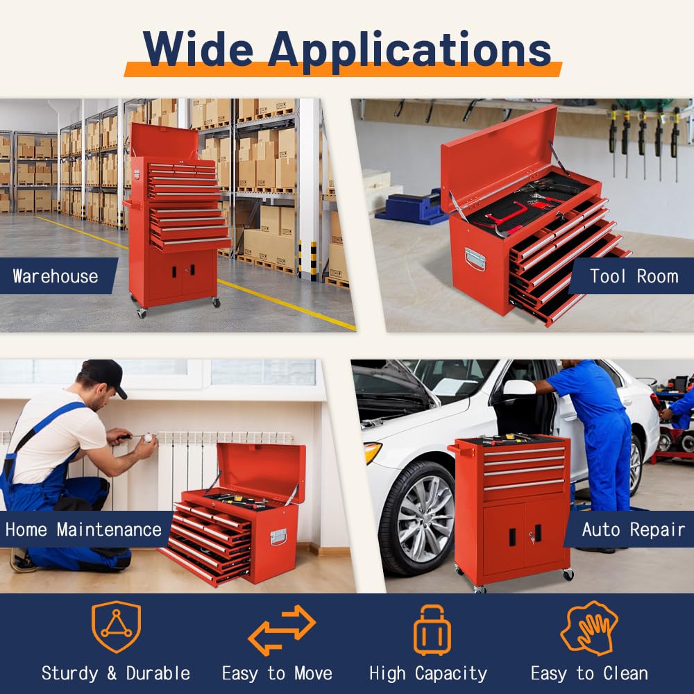 13-Drawer Double Door Rolling Tool Chest, 2 in 1 Detachable Tool Chest,Tool Box with Drawers and Wheels, Large Tool Cabinet with Lock, Metal Standing Toolbox for Garage Workshop-Red
