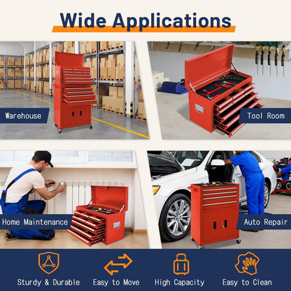 13-Drawer Double Door Rolling Tool Chest, 2 in 1 Detachable Tool Chest,Tool Box with Drawers and Wheels, Large Tool Cabinet with Lock, Metal Standing Toolbox for Garage Workshop-Red