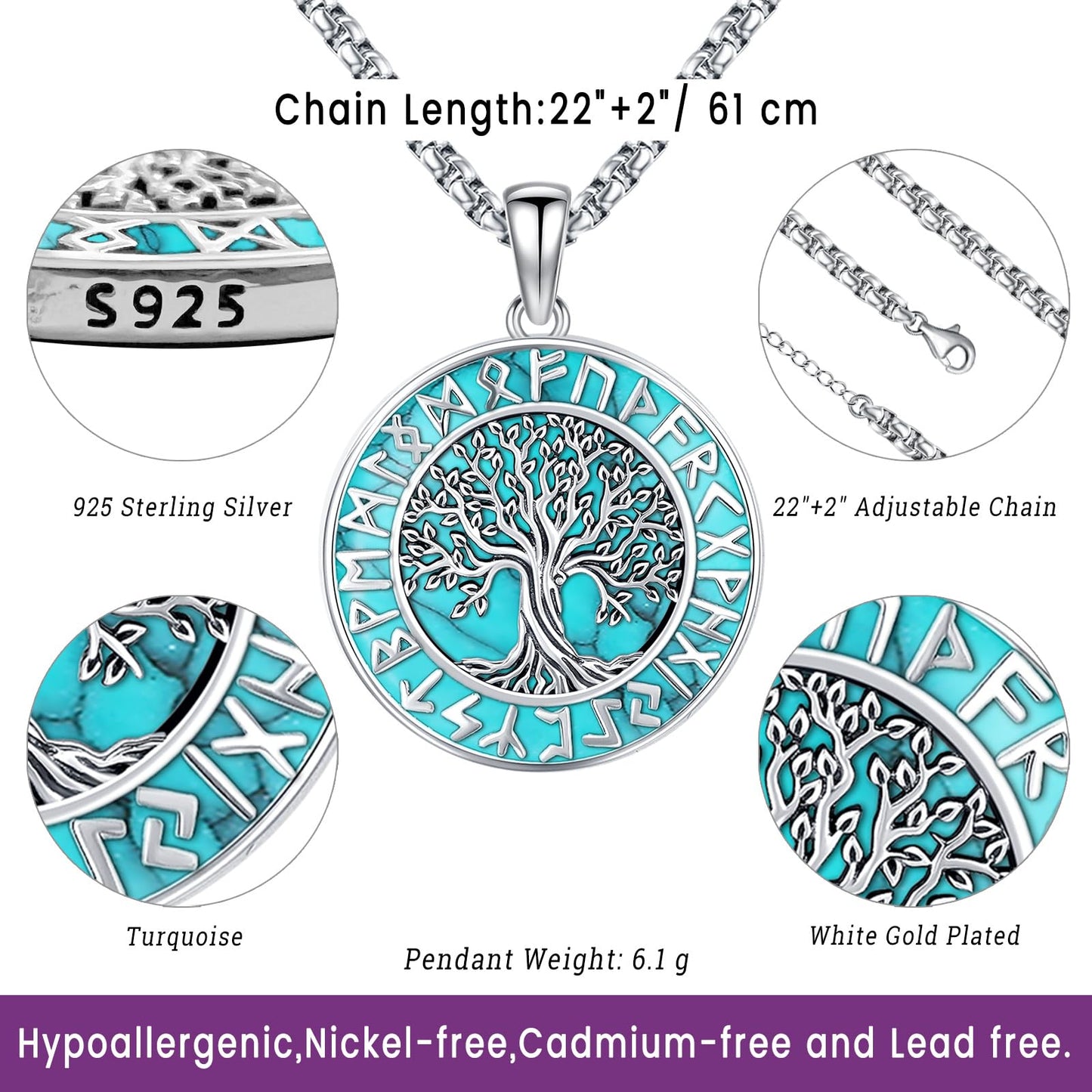 Turquoise Jewelry for Women Men 925 Sterling Silver Pendant Urn Necklaces for Ashes Picture Locket Necklace Thor Hammer Yggdrasil Virgen De Guadalupe St Michael Christopher Judas Witches Knot Necklace